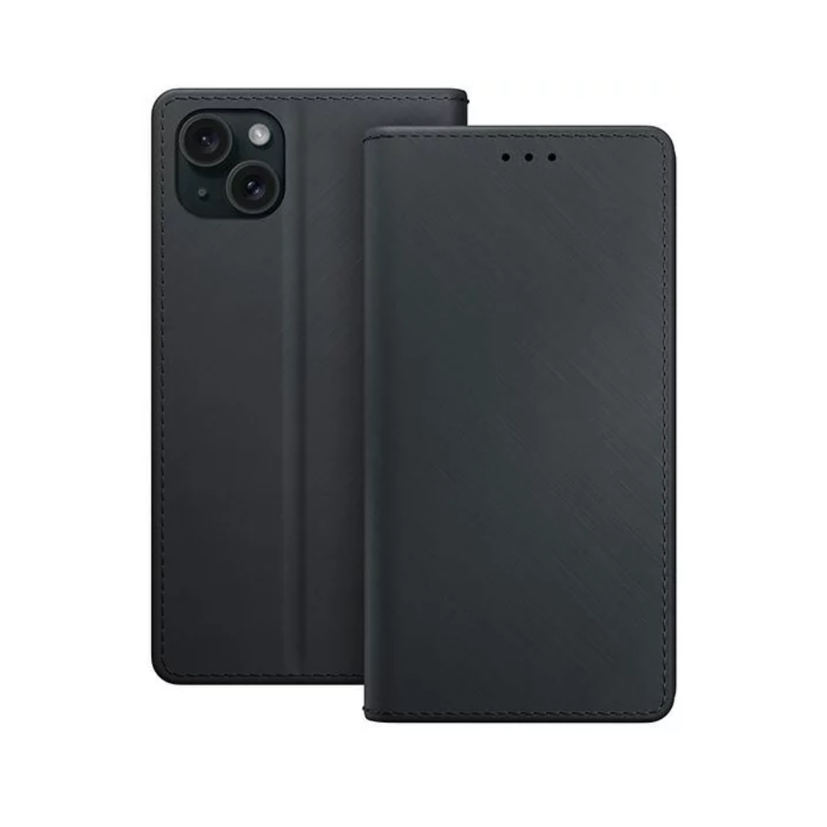 Czarny pokrowiec na telefon, otwarty i zamknięty, z szytymi krawędziami, na białym tle.