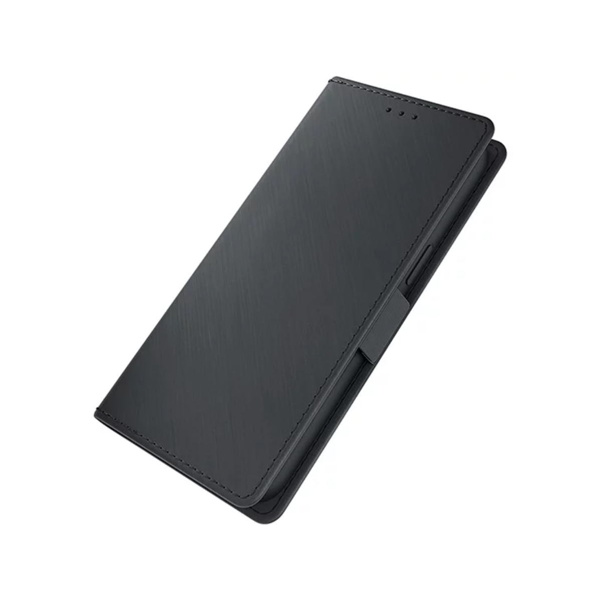 Czarny futerał na telefon, zamknięty i pochylony, z szytymi krawędziami, na białym tle.