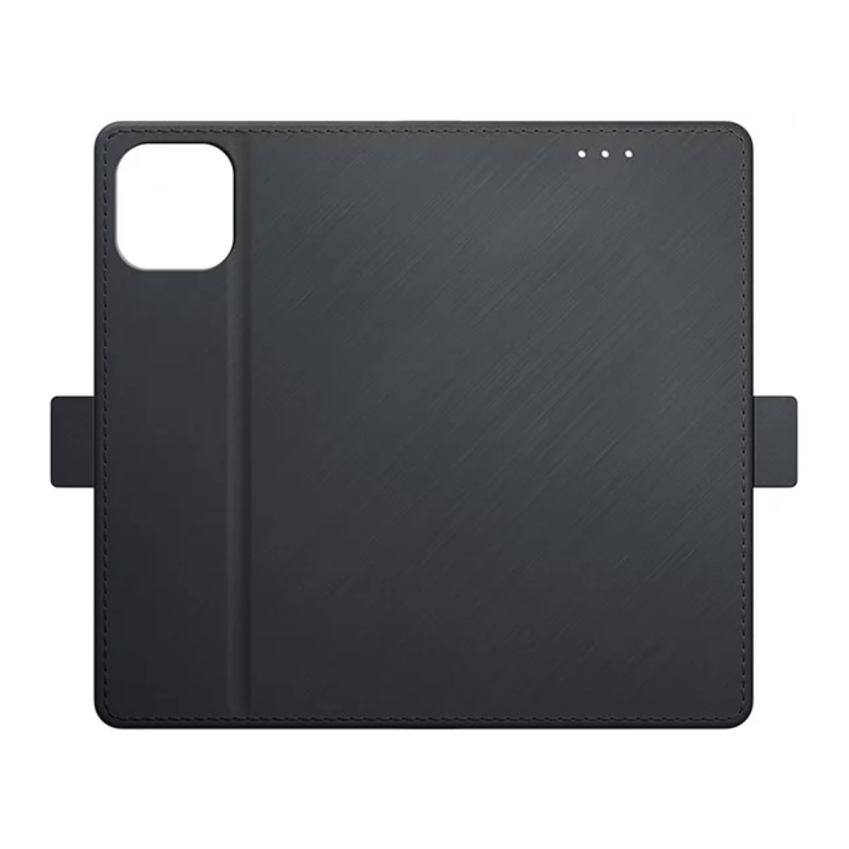 Czarny futerał na telefon, zamknięty, z wycięciem na aparat, na białym tle.