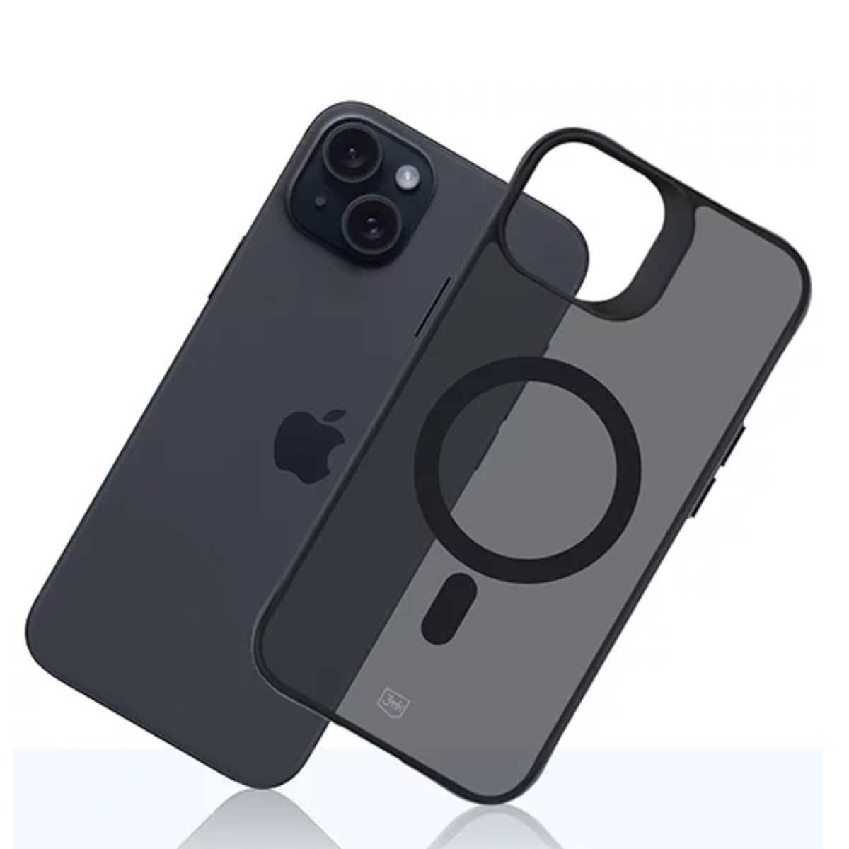 Telefono nero e custodia trasparente con anello magnetico, su superficie bianca.