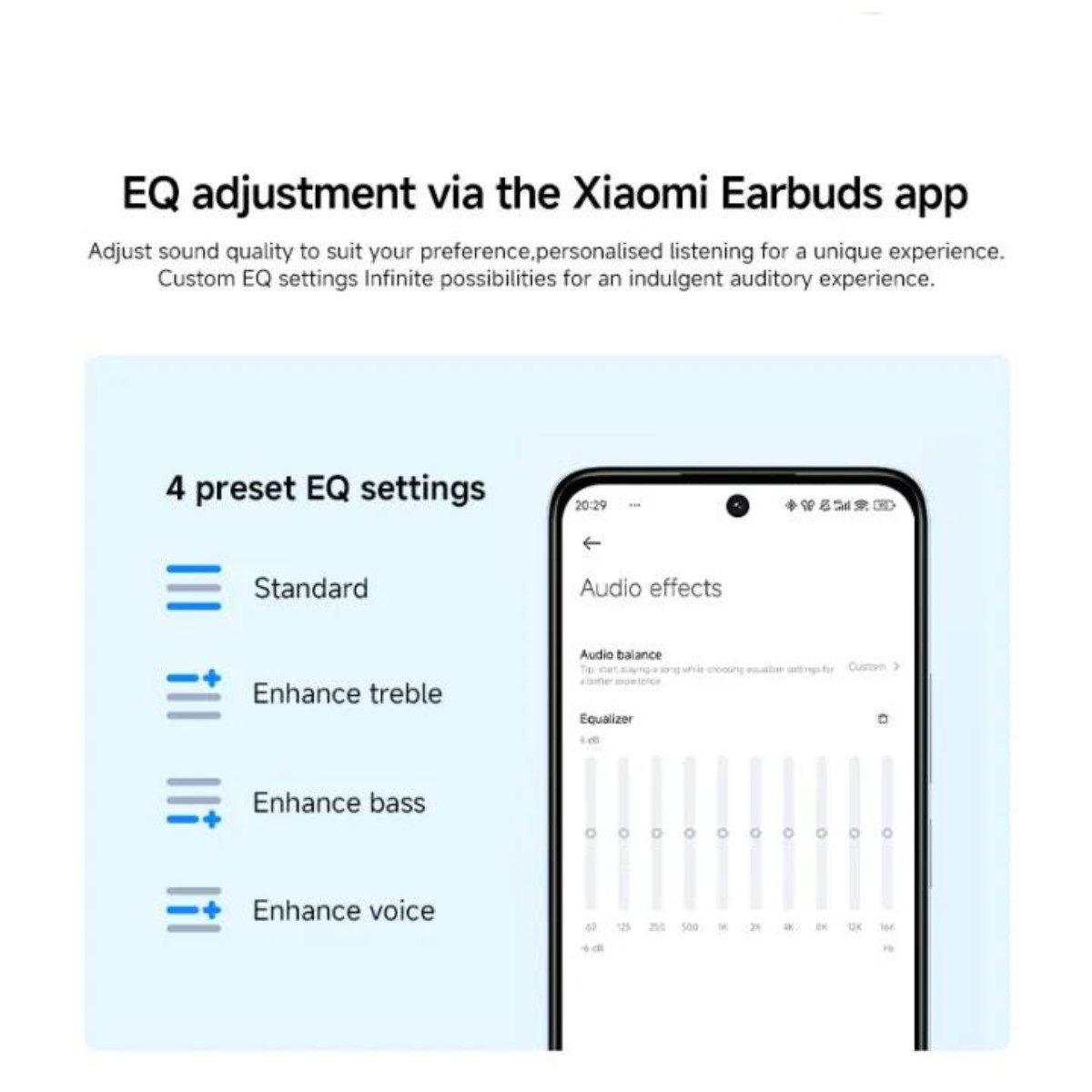 Ekran smartfona wyświetlający ustawienia EQ dla słuchawek. Cztery wstępnie ustawione opcje: standard, podbicie sopranów, basów i głosu.