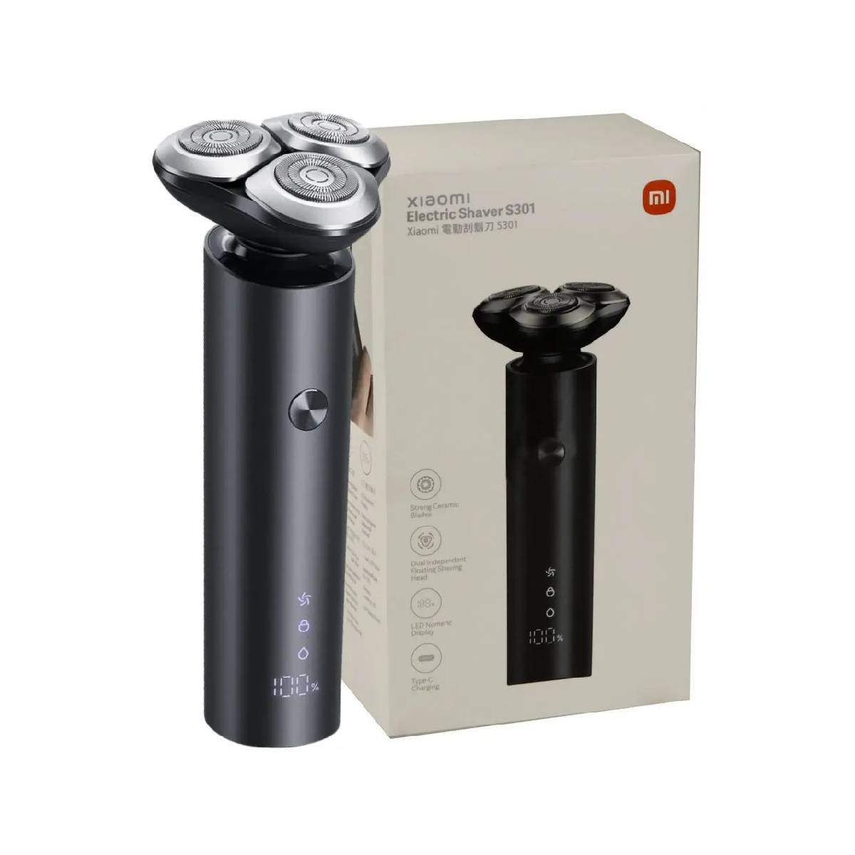 Czarna golarka elektryczna z trzema głowicami obrotowymi. Pudełko pokazuje obraz golarki i tekst.