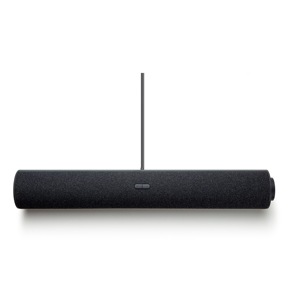 Czarny soundbar wiszący. Posiada dwa przyciski i kabel połączeniowy.