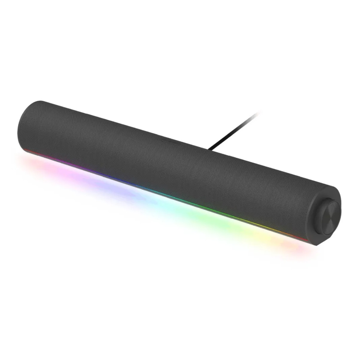 Soundbar ze światłami RGB. Ma szary korpus z siatki i czarny koniec sterowania.