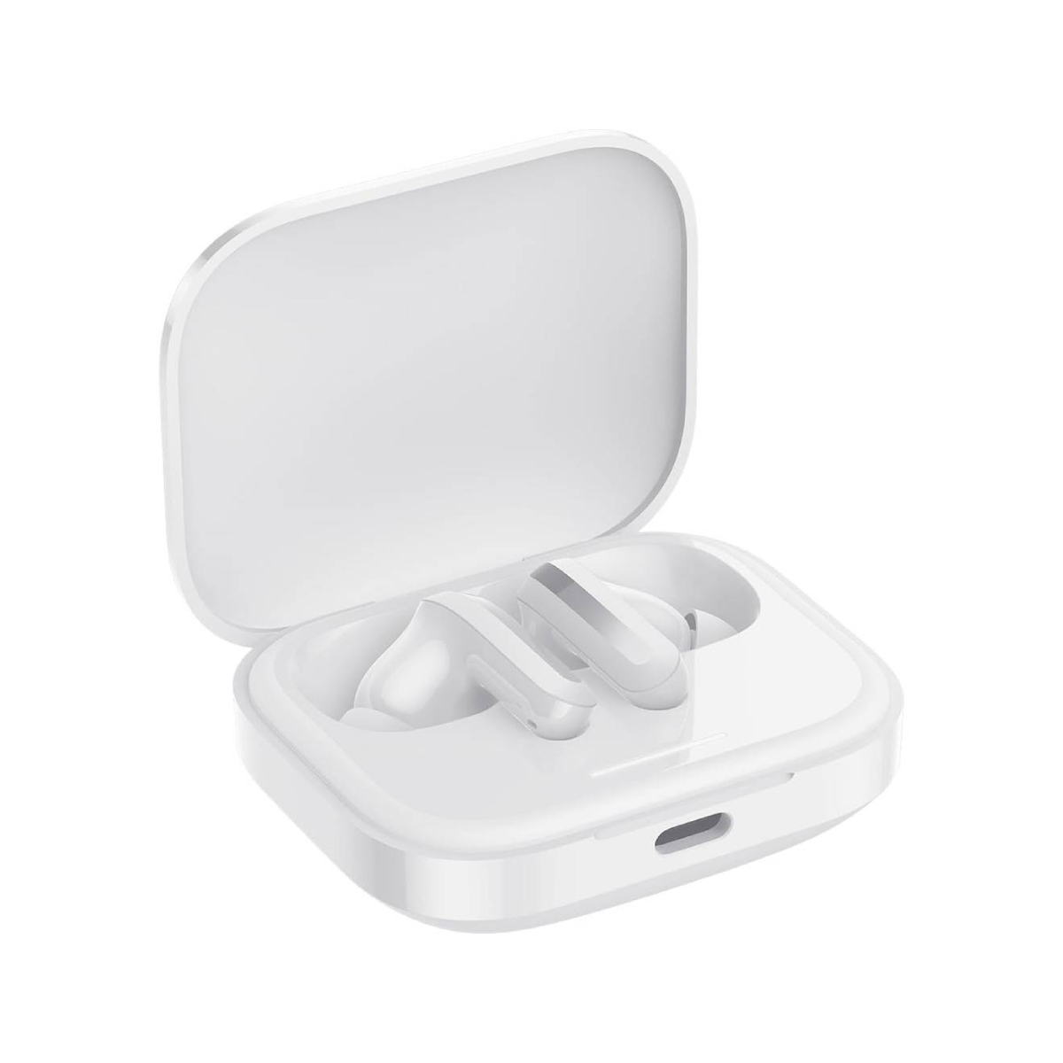 Otwarta biała obudowa słuchawek z wkładkami dousznymi.