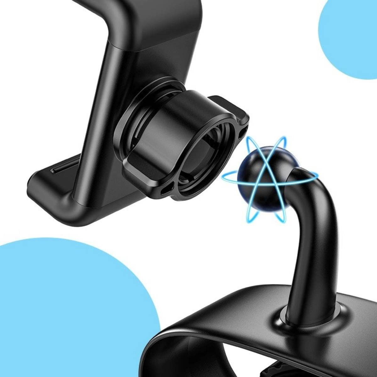 Uchwyt samochodowy na telefon z przegubem kulowym magnetycznym. Niebieskie linie wokół kuli wskazują siłę magnetyczną.
