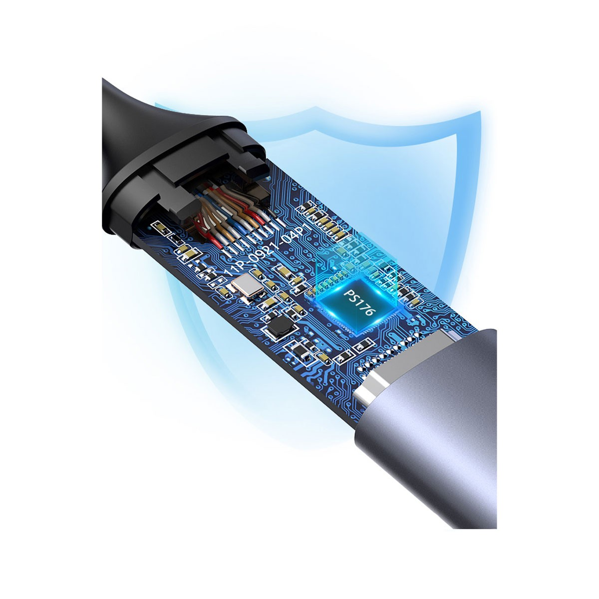 Szczegół kabla USB-C pokazujący wewnętrzny obwód i układ PS176.