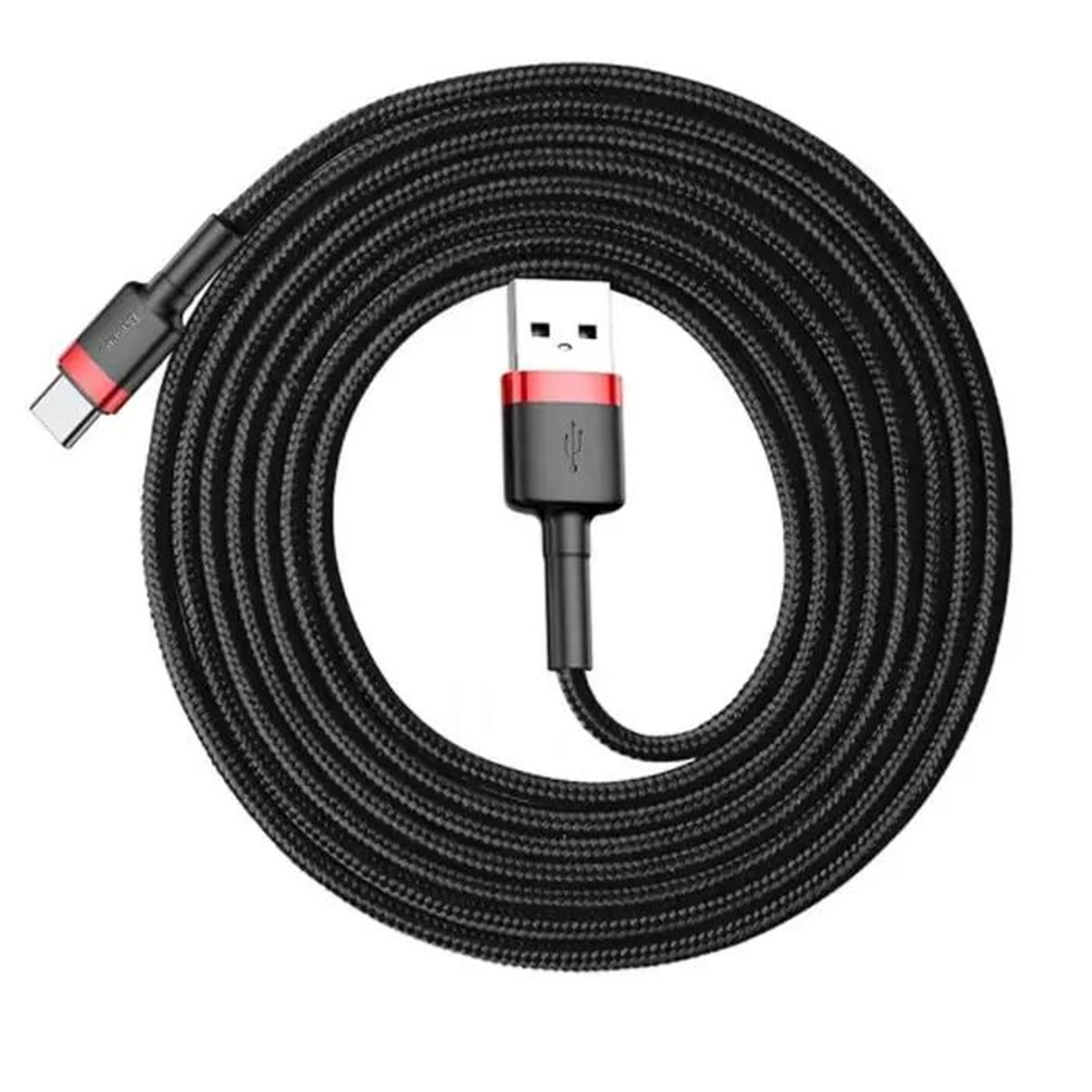 Czarny kabel USB-C do USB, zwinięty, z czerwonymi akcentami.