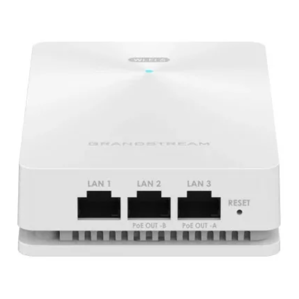 Router Grandstream bianco con porte LAN e pulsante di ripristino.