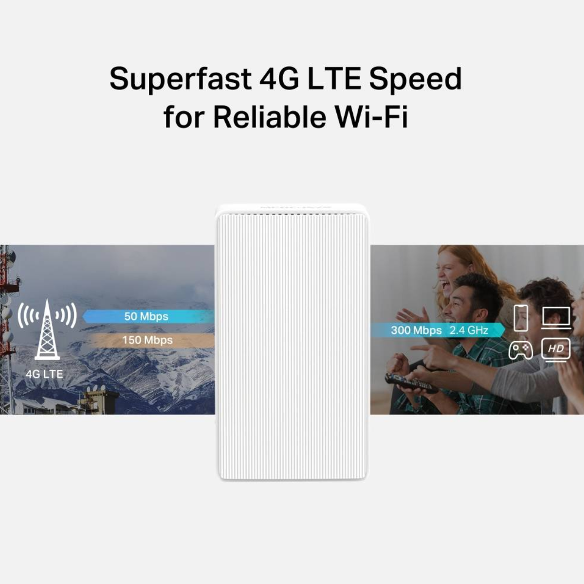 Router Wi-Fi ze wskaźnikiem sygnału 4G LTE i ludźmi oglądającymi telewizję. Pokazuje prędkość 300 Mb/s.