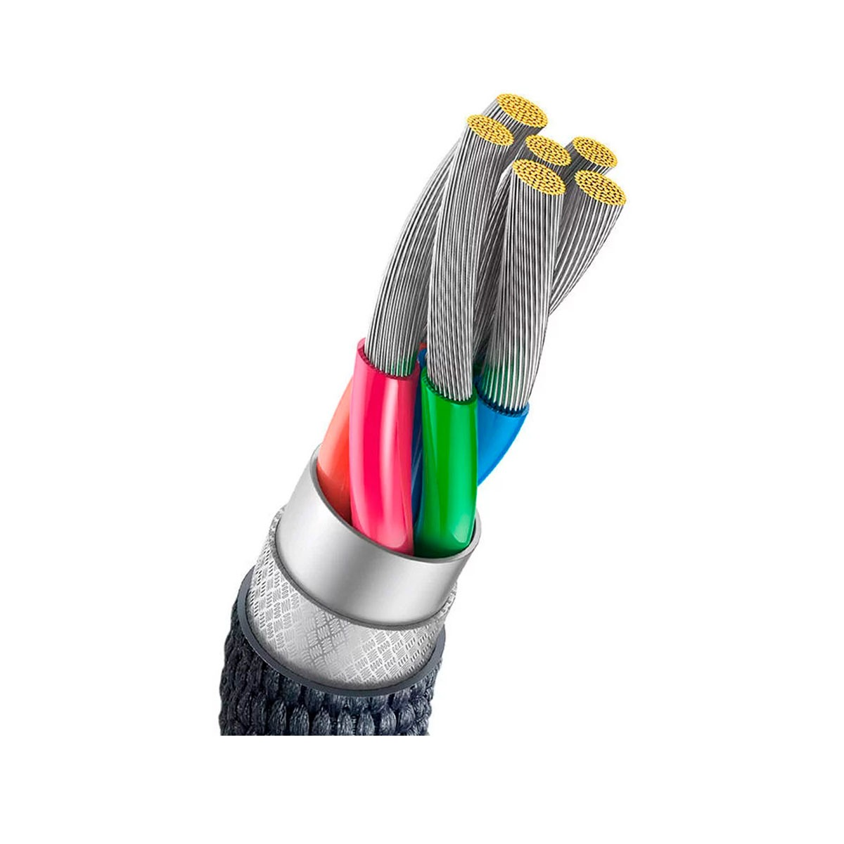 Zbliżenie kabla z czerwonymi, zielonymi i niebieskimi przewodami. Przewody otoczone są srebrną osłoną.