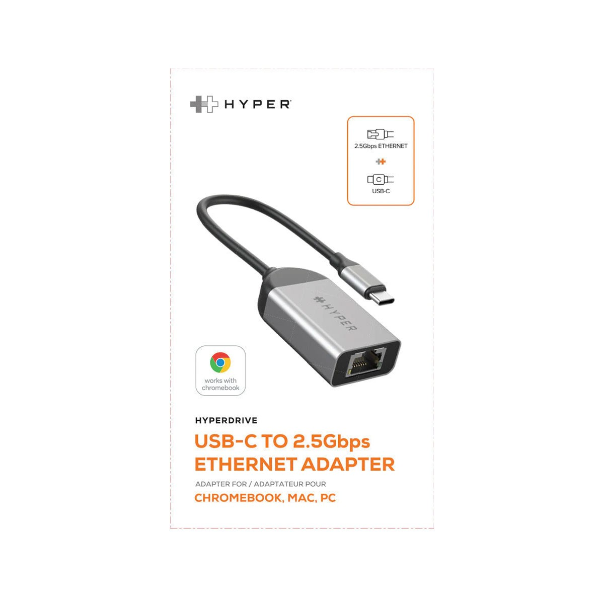 Adaptador Ethernet Hyperdrive USB-C a 2.5Gbps sobre un fondo blanco. El paquete muestra un logo de compatibilidad con Chromebook.