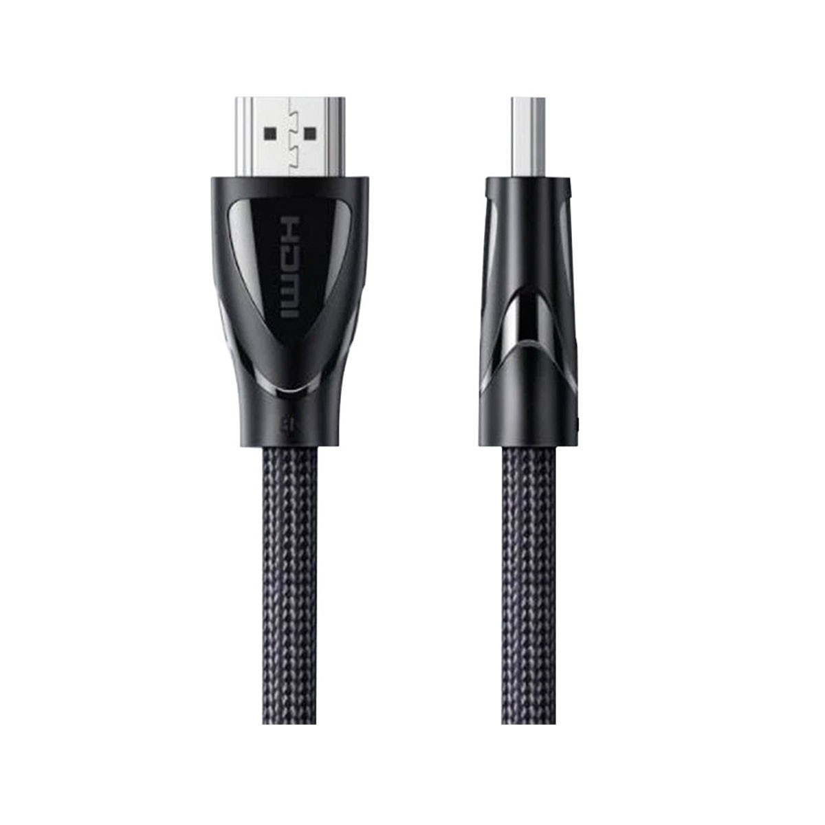 Dwa czarne kable HDMI ze srebrnymi złączami. Tło to rozmyta niebieska powierzchnia.