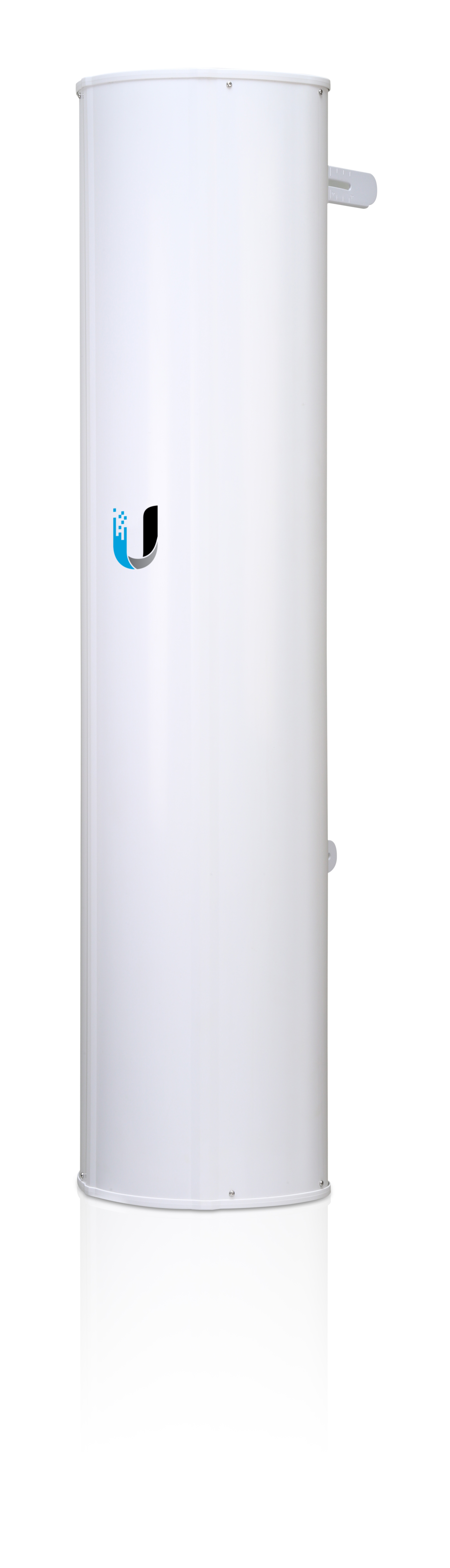 White cylindrical device. It has a logo and a small handle. Reflection is visible at the bottom.