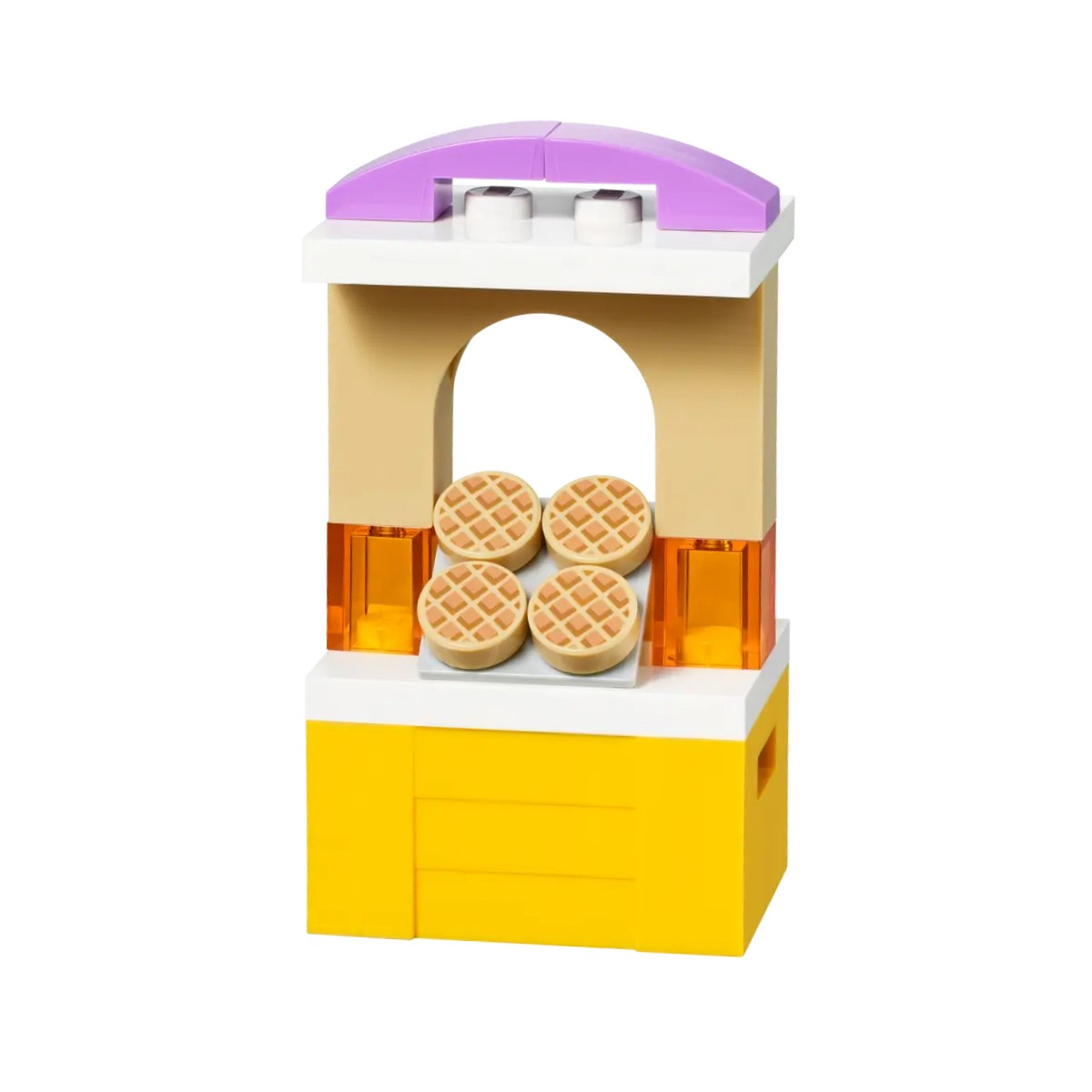 Banco waffle Lego. Struttura gialla e beige con quattro waffle. Tetto viola e dettagli arancioni.
