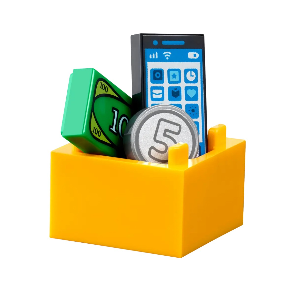 Scatola Lego con telefono, soldi e moneta. La scatola è gialla. Il telefono è nero e la moneta d'argento.