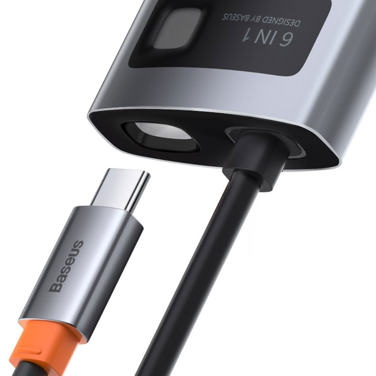 Srebrno-czarny adapter Baseus 6 w 1 ze złączem USB-C i kablem.
