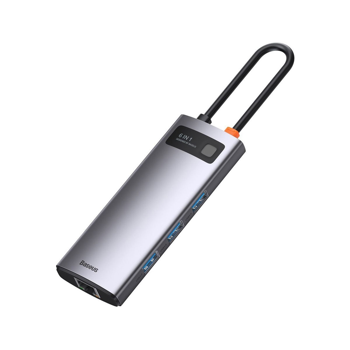 Srebrny hub 6 w 1 z czarnym kablem. Ma porty USB i złącze. Szara podstawa.