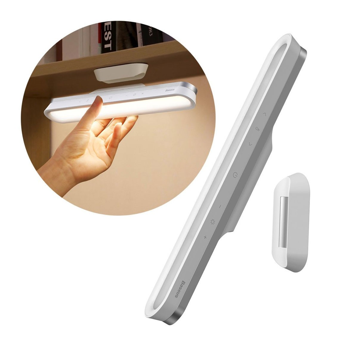 Een hand reikt naar een witte LED-lichtbalk onder een plank, met een aparte houder.