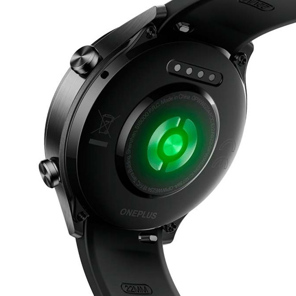 Tył czarnego smartwatcha. Pokazuje czujnik i nazwę marki. Świeci się zielone światło.