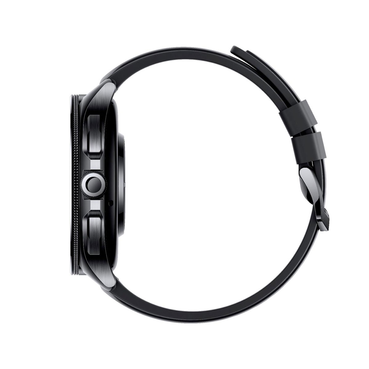 Eine schwarze Smartwatch mit schwarzem Armband, Seitenansicht.