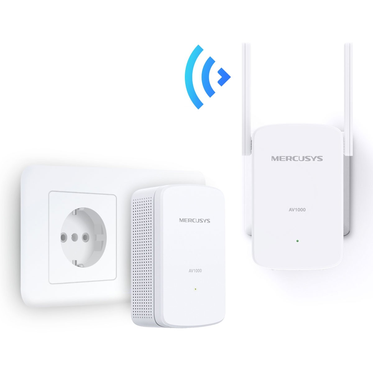 Ein weißer Mercusys AV1000 WiFi-Extender, der an eine Steckdose angeschlossen ist, mit Router.