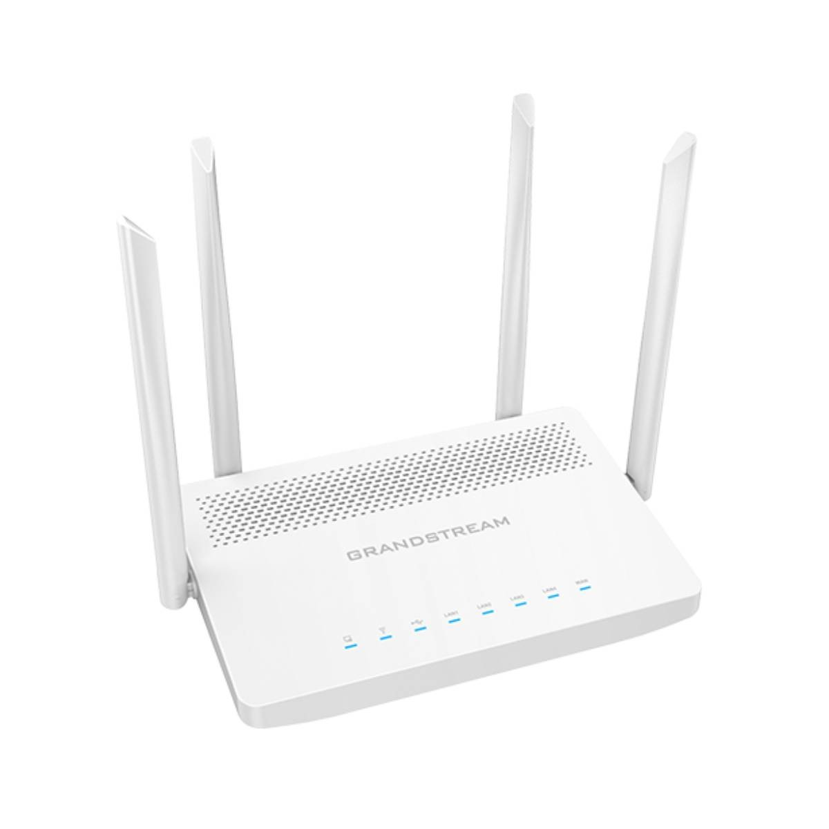 Un router Grandstream blanco con cuatro antenas, sobre un fondo blanco.