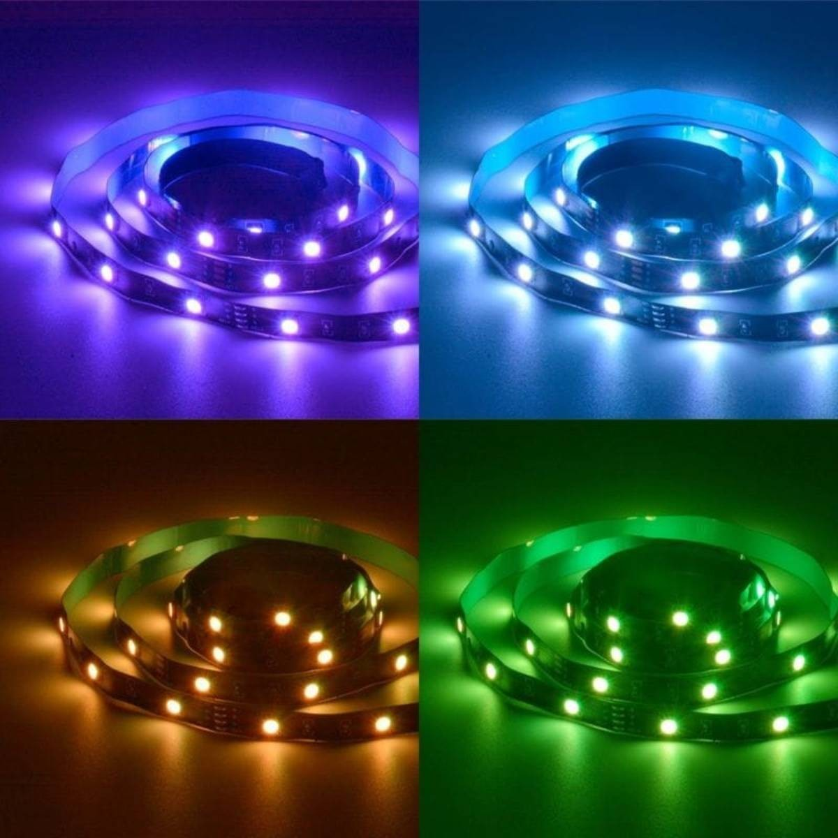 Quattro sezioni di strisce LED che mostrano diversi colori: viola, blu, arancione e verde.