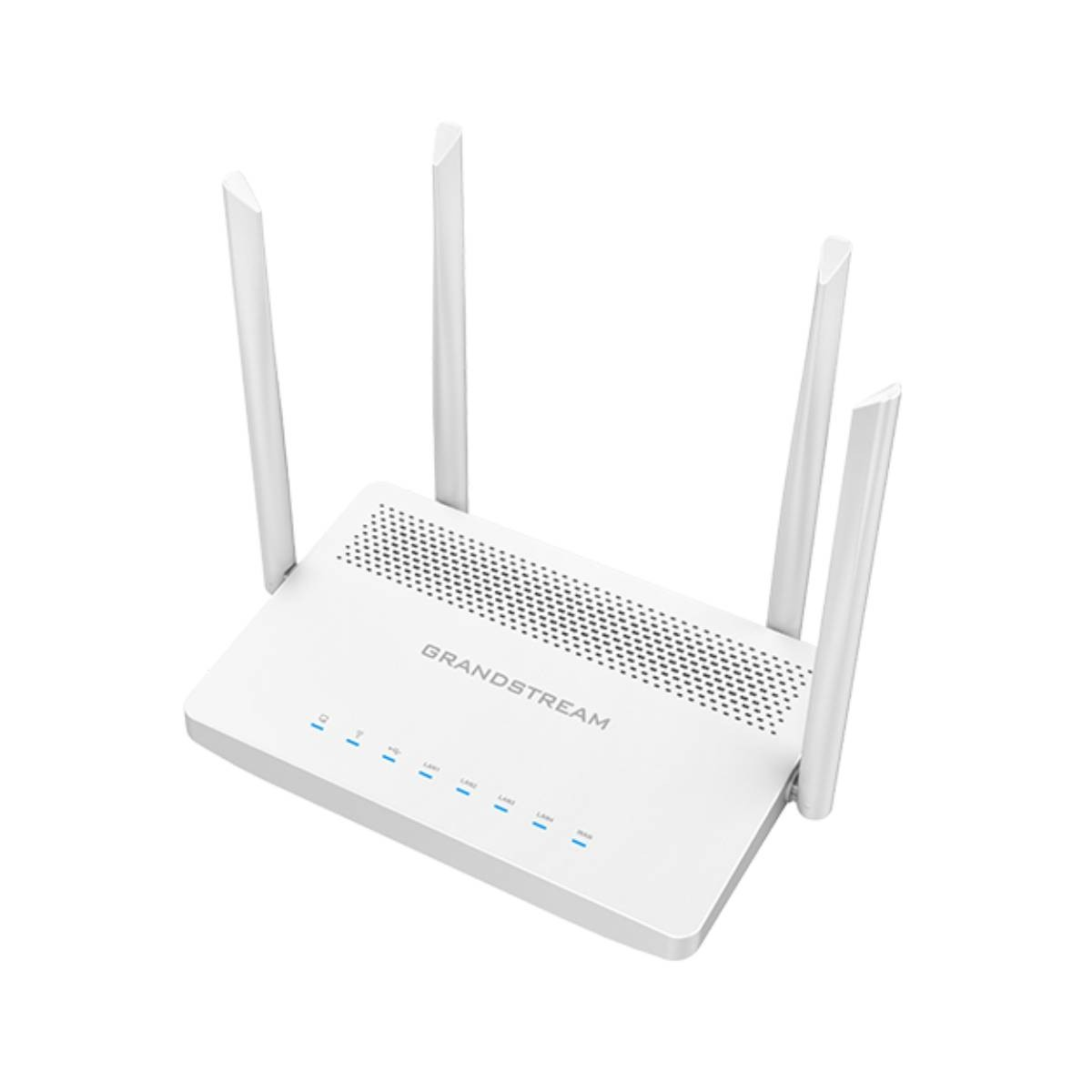 Un enrutador Grandstream blanco con cuatro antenas sobre un fondo blanco. El texto 'GRANDSTREAM' es visible.