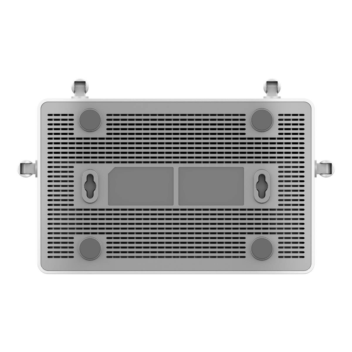 La parte inferior de un router con orificios de ventilación y almohadillas grises.