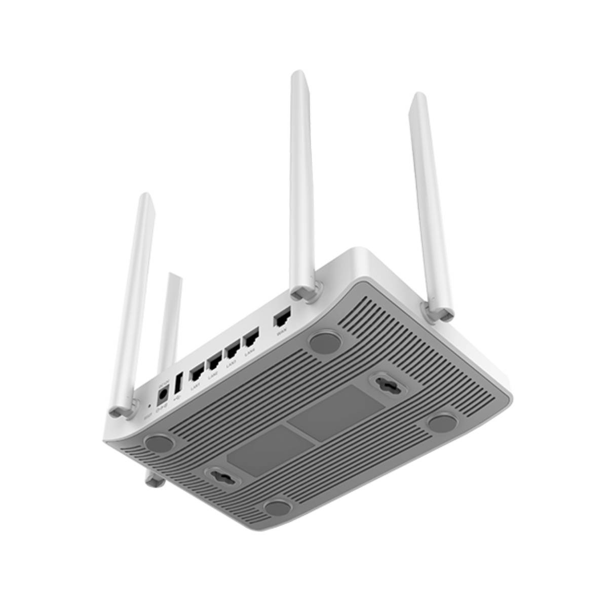 Router inalámbrico blanco con cuatro antenas. La parte inferior del router es visible.