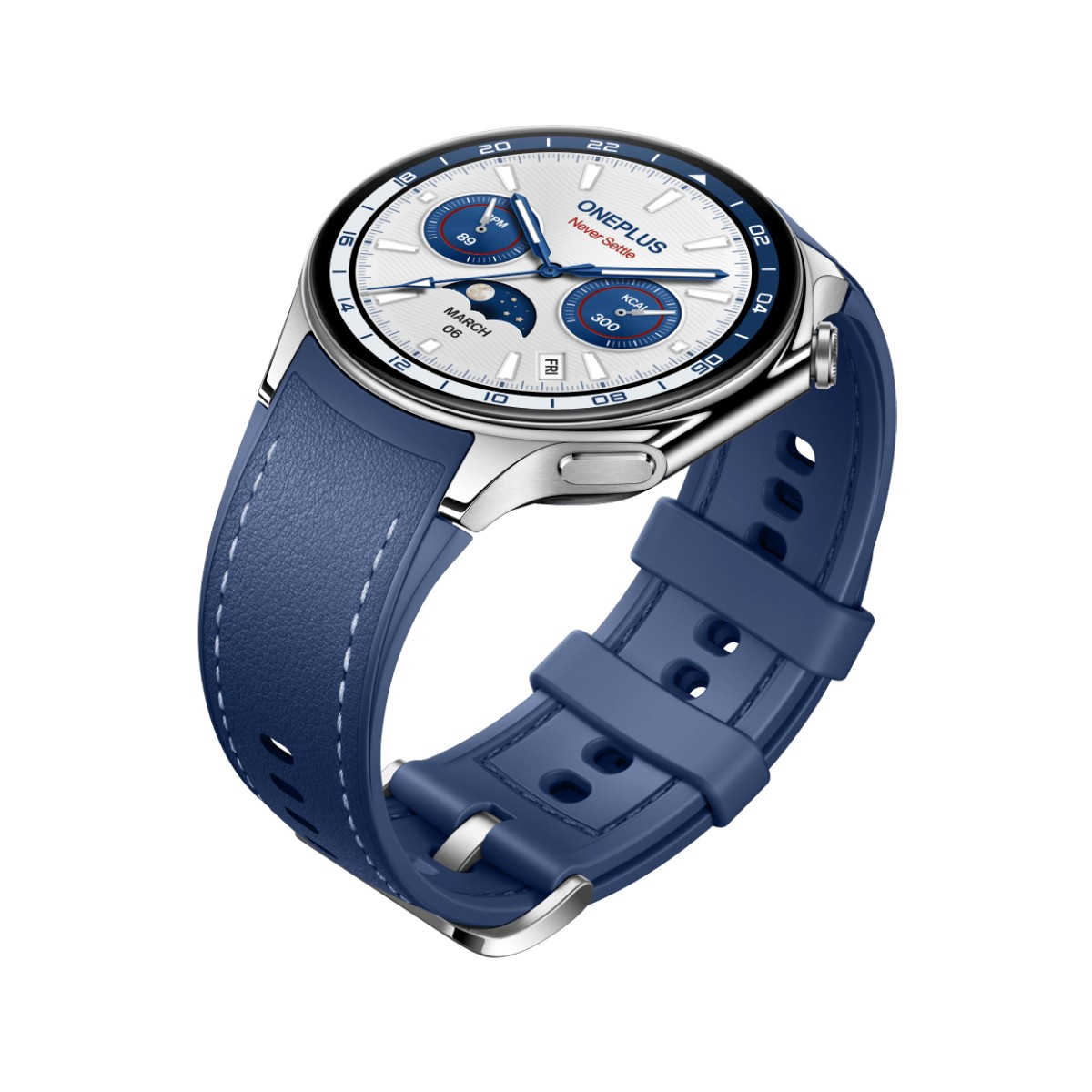 Smartwatch OnePlus z niebieskim paskiem. Wyświetla godzinę, datę i inne funkcje.