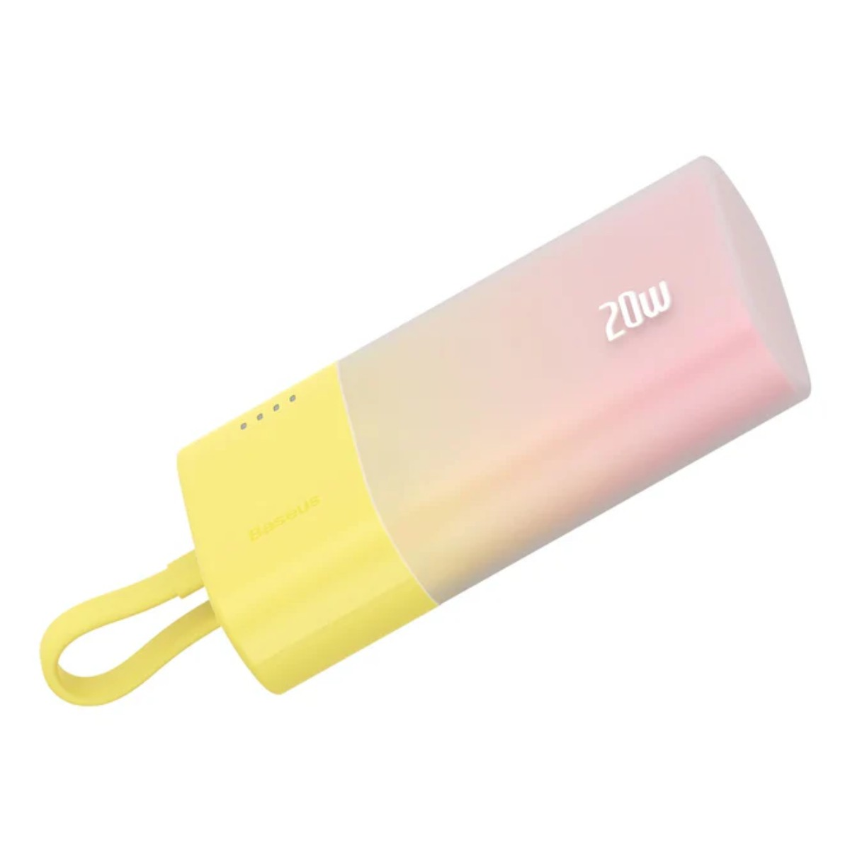 Power bank Baseus, gradient żółto-różowy, z oznaczeniem 20w na boku.