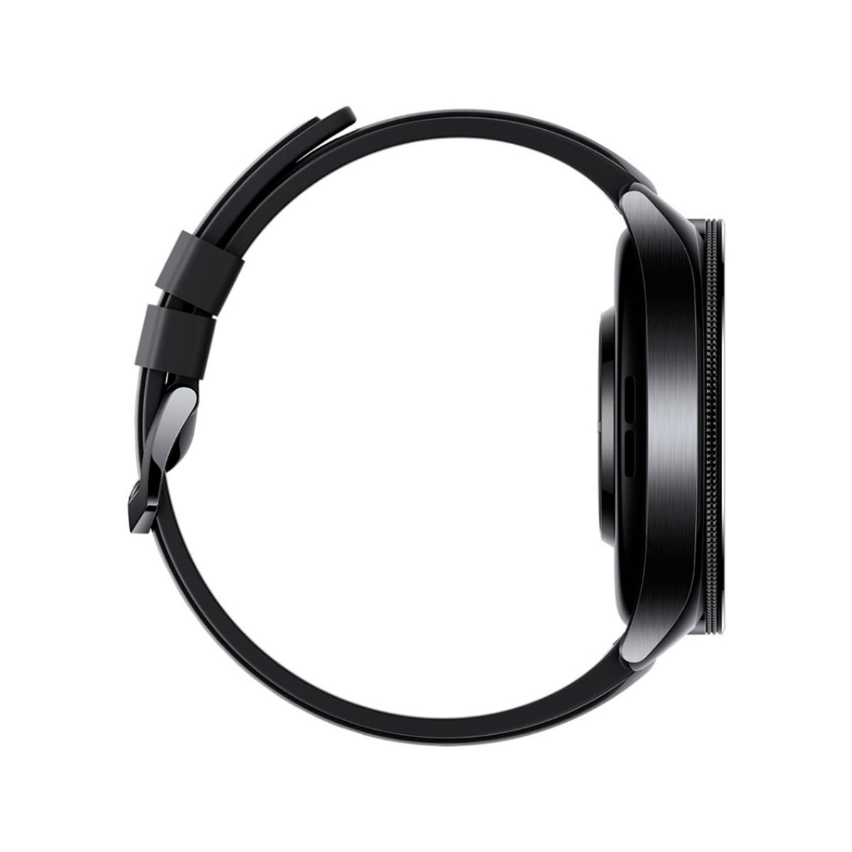 Czarny smartwatch z profilu, pokazujący stronę z koroną i paskiem.