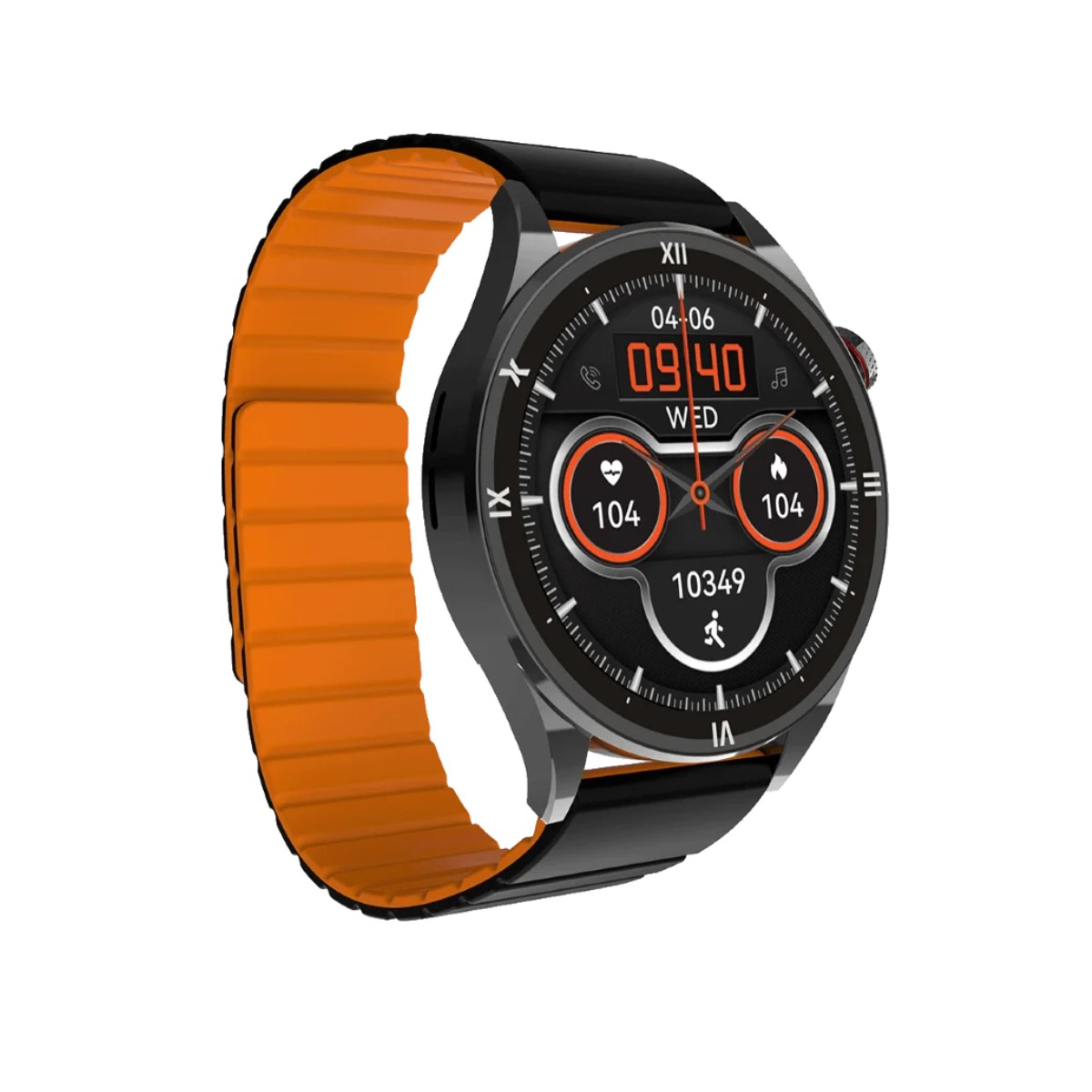 Smartwatch avec cadran noir et bracelet orange. Affiche l'heure, la date et les données de santé.
