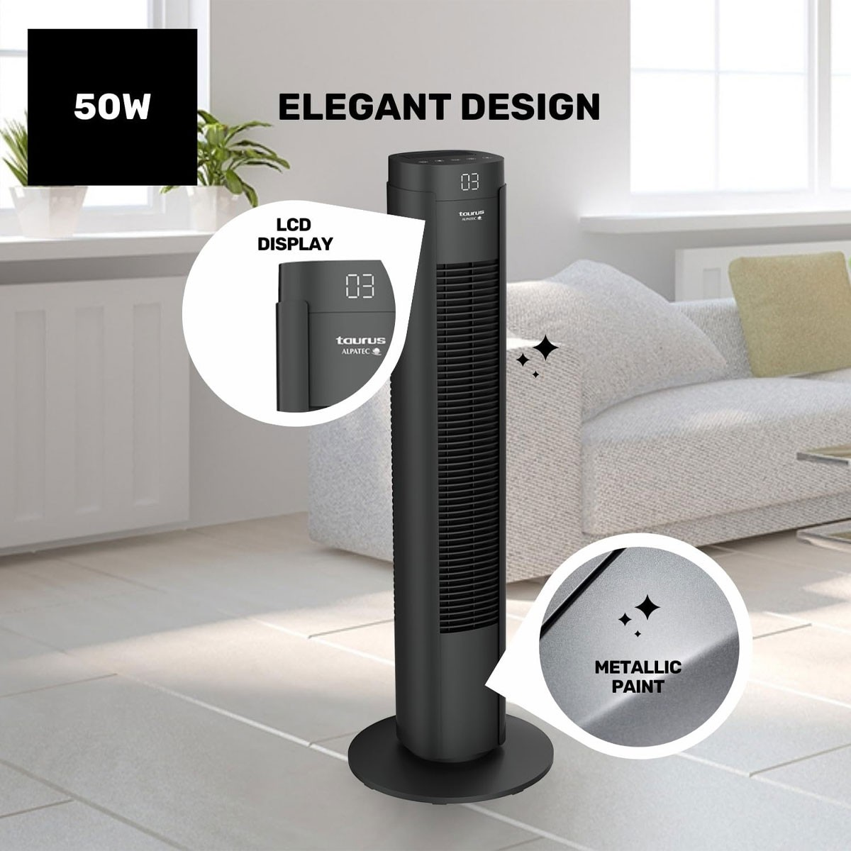 Czarny wentylator wieżowy z adnotacjami wskazującymi na wyświetlacz LCD i metaliczny lakier.