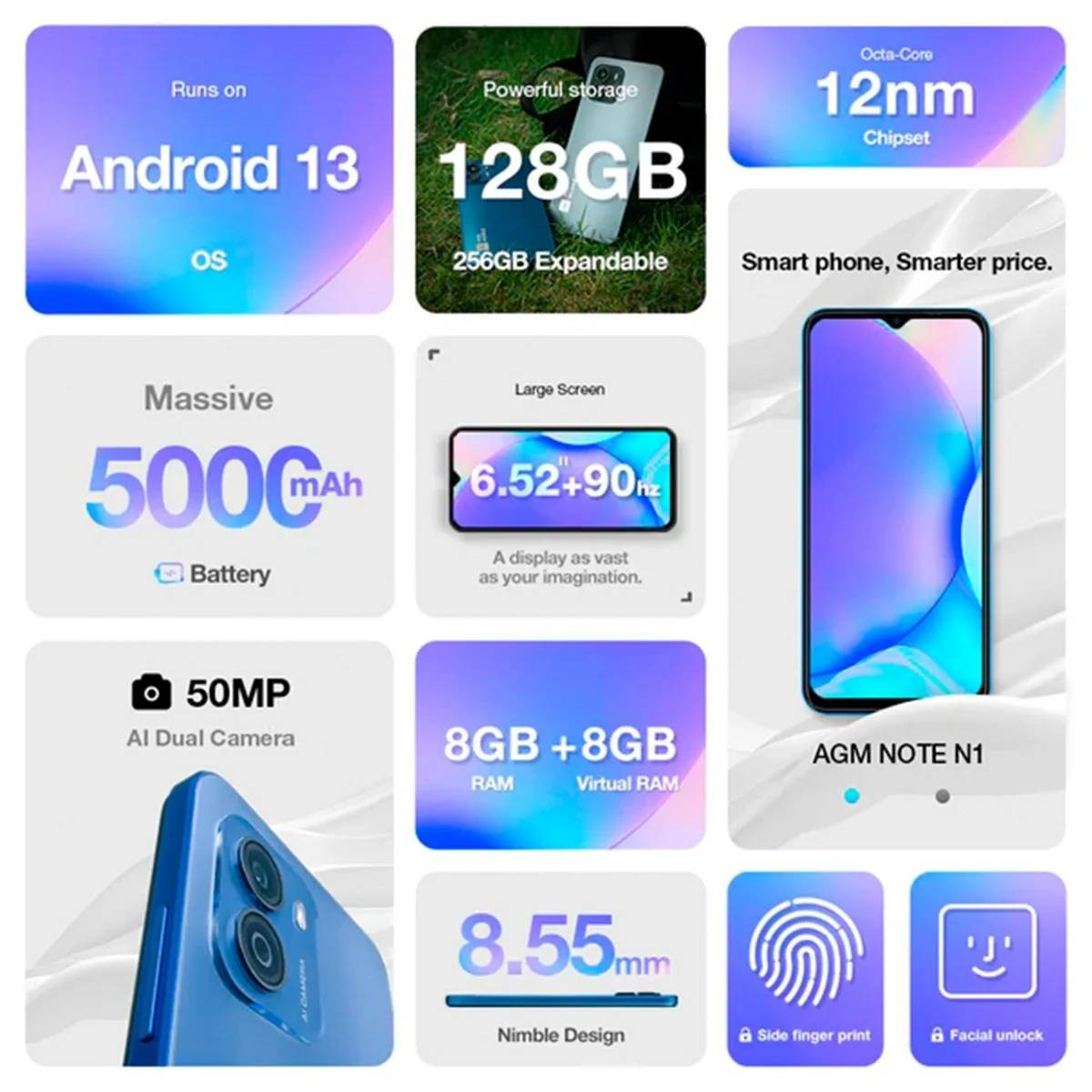 Smartphone-Details: Android 13, 128GB Speicher, 5000mAh Akku, 50MP Kamera, 8GB RAM und mehr.