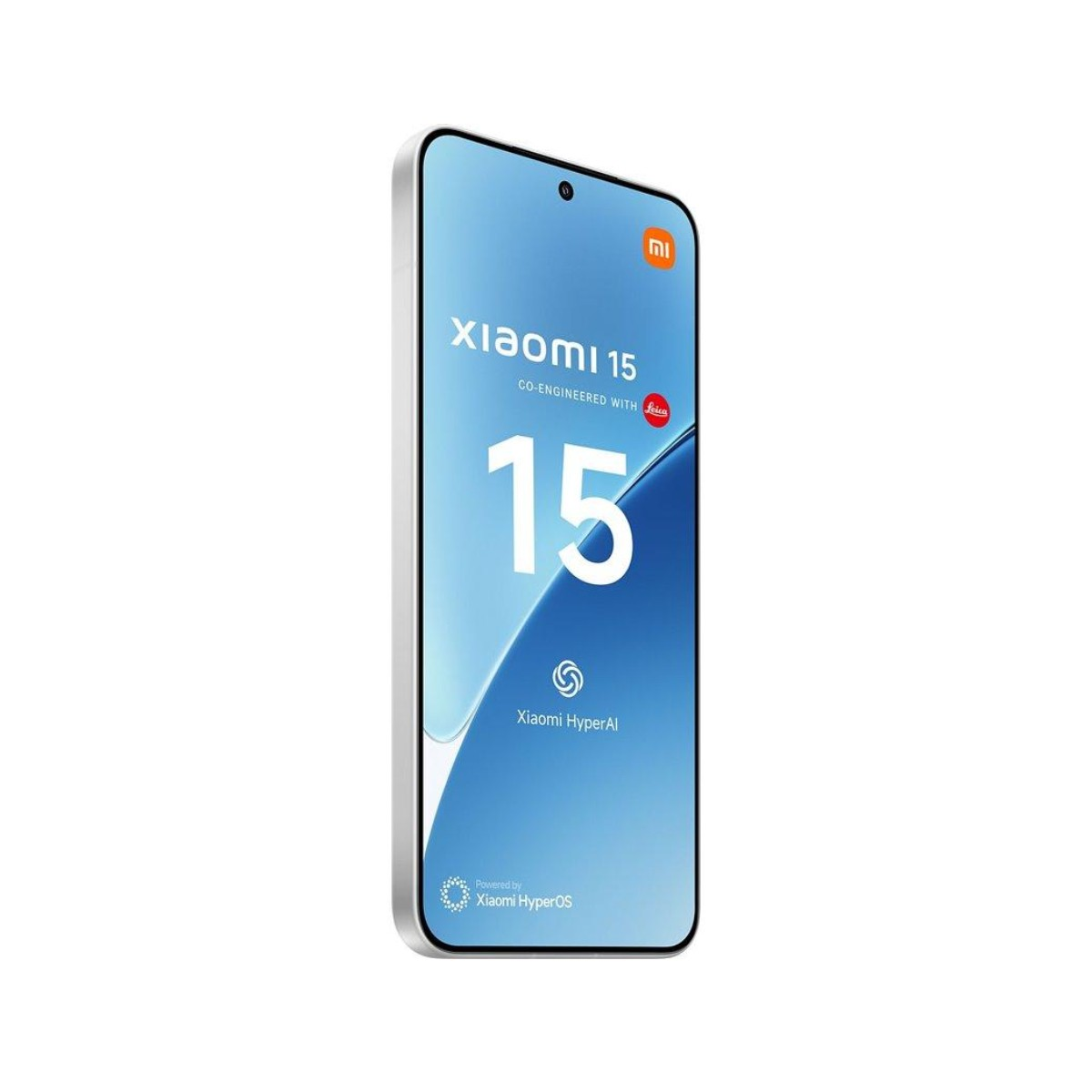 Biały telefon Xiaomi 15 z niebieskim ekranem, tekstem i logo.