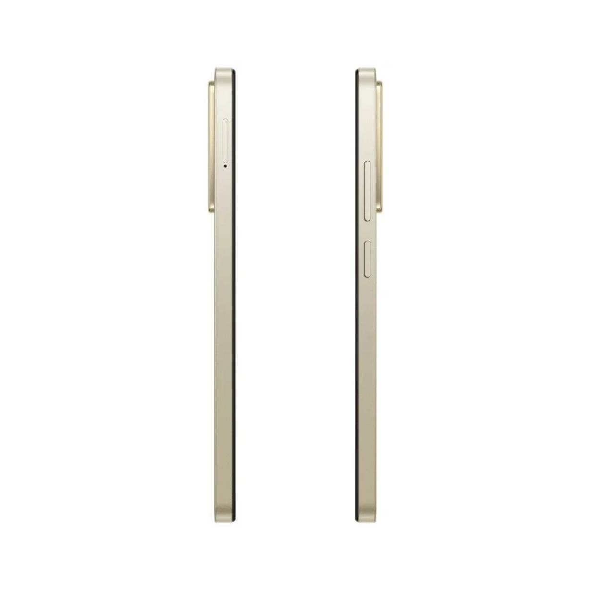 Zwei goldene Smartphones, Seitenansicht, zeigen ein schlankes Design mit Kameraausbuchtung.