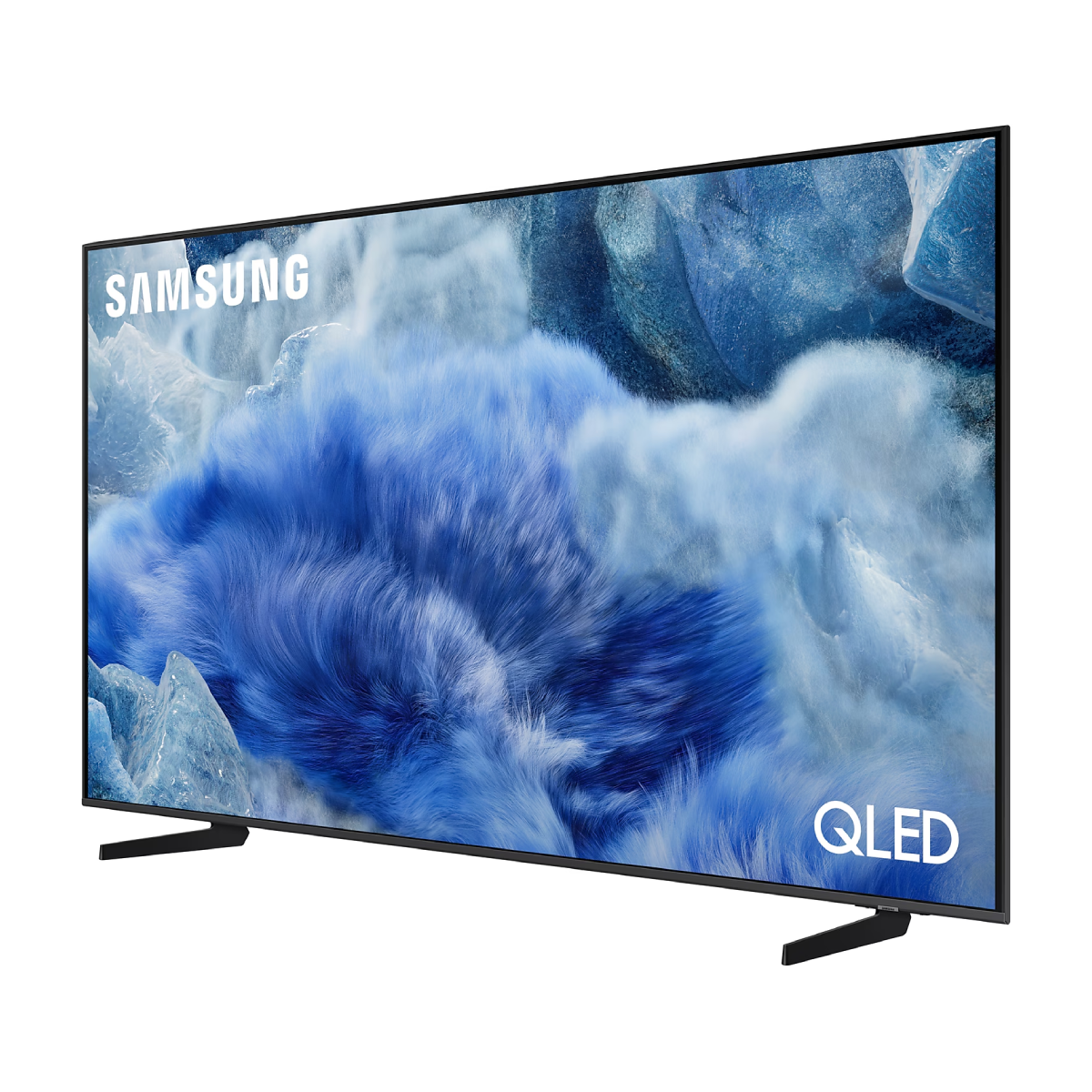 Ujęcie z boku telewizora Samsung QLED z niebieskim ekranem.