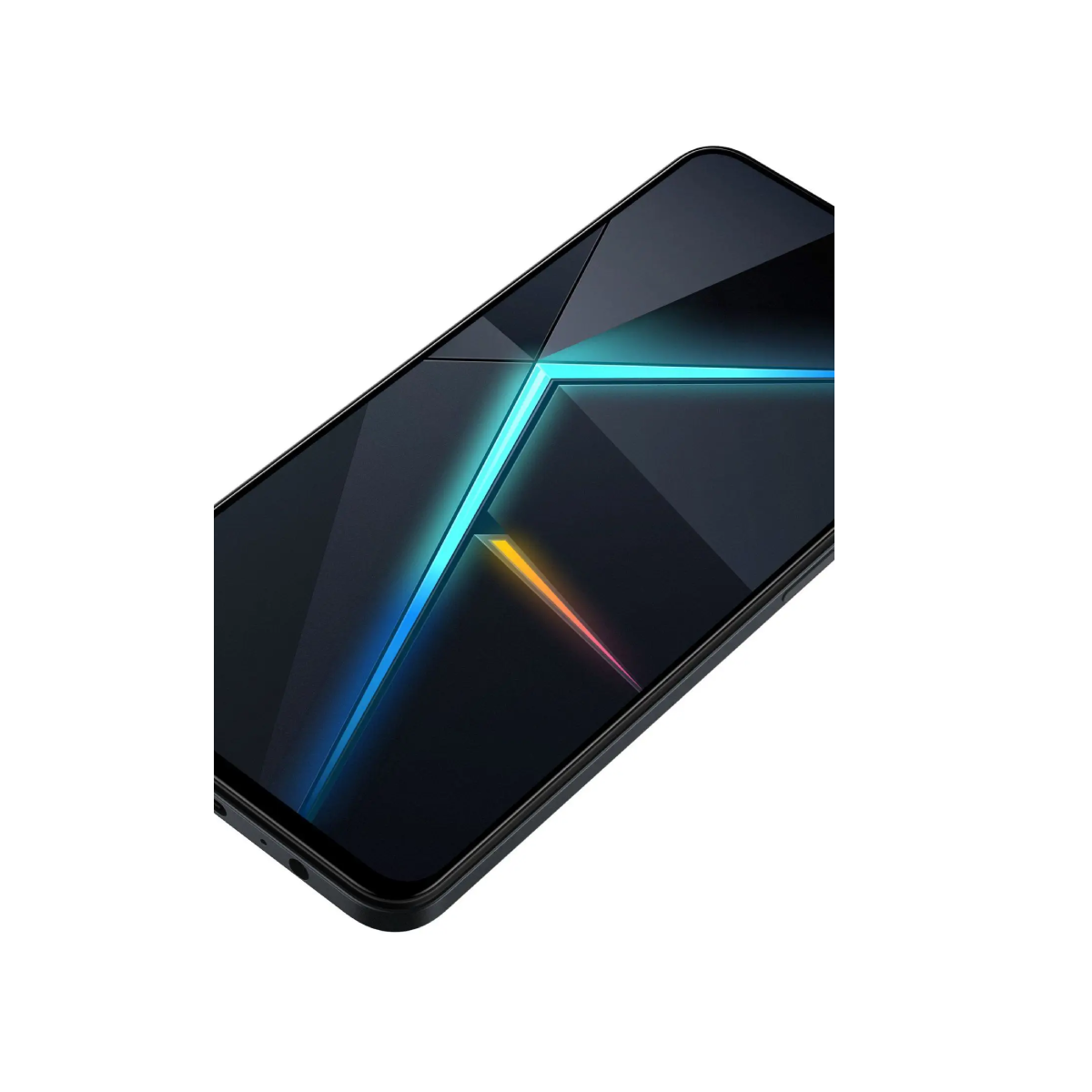 Smartphone nero con schermo colorato. Mostra disegni blu, gialli e arancioni.