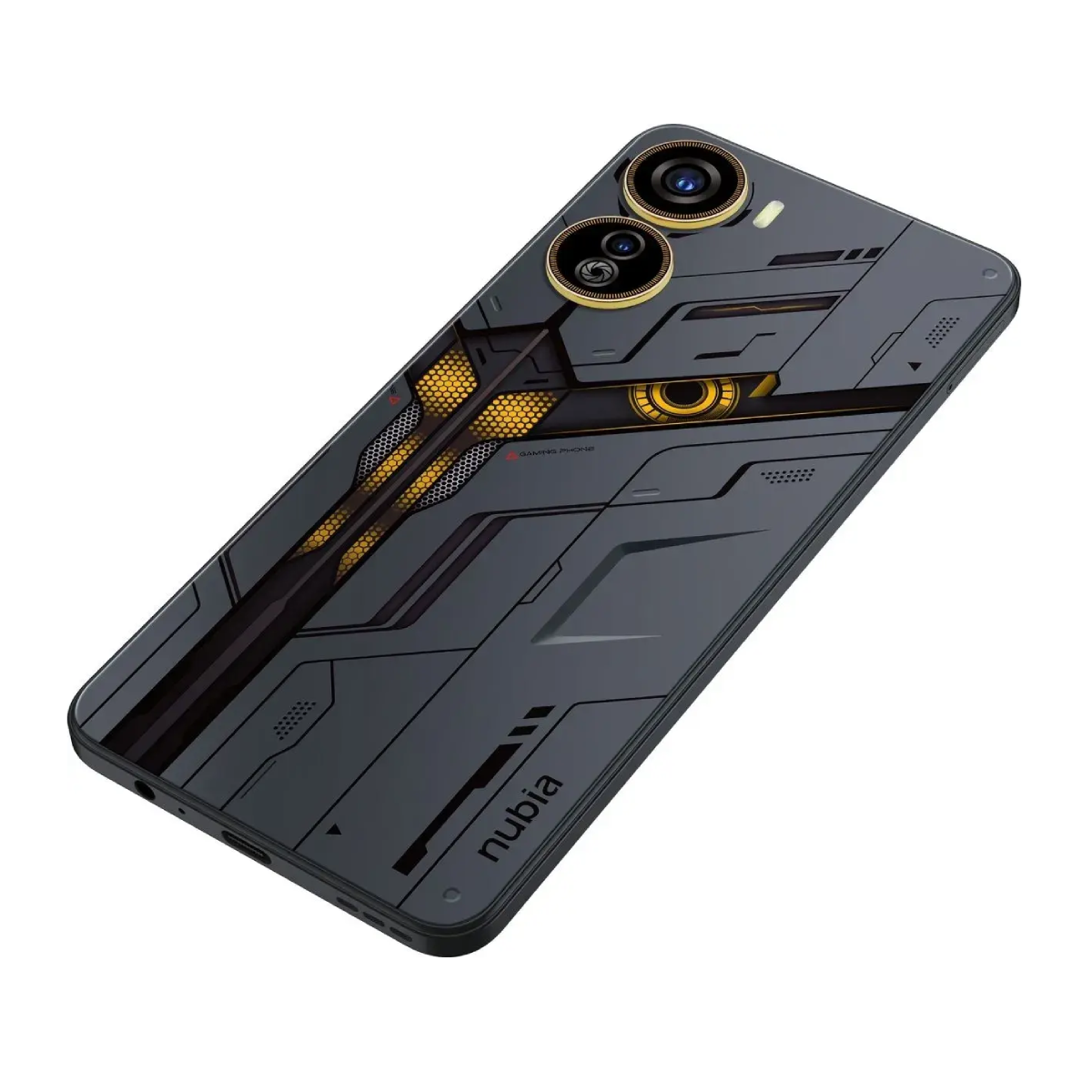 Retro del telefono nero. Presenta un design strutturato con lenti della fotocamera dorate.