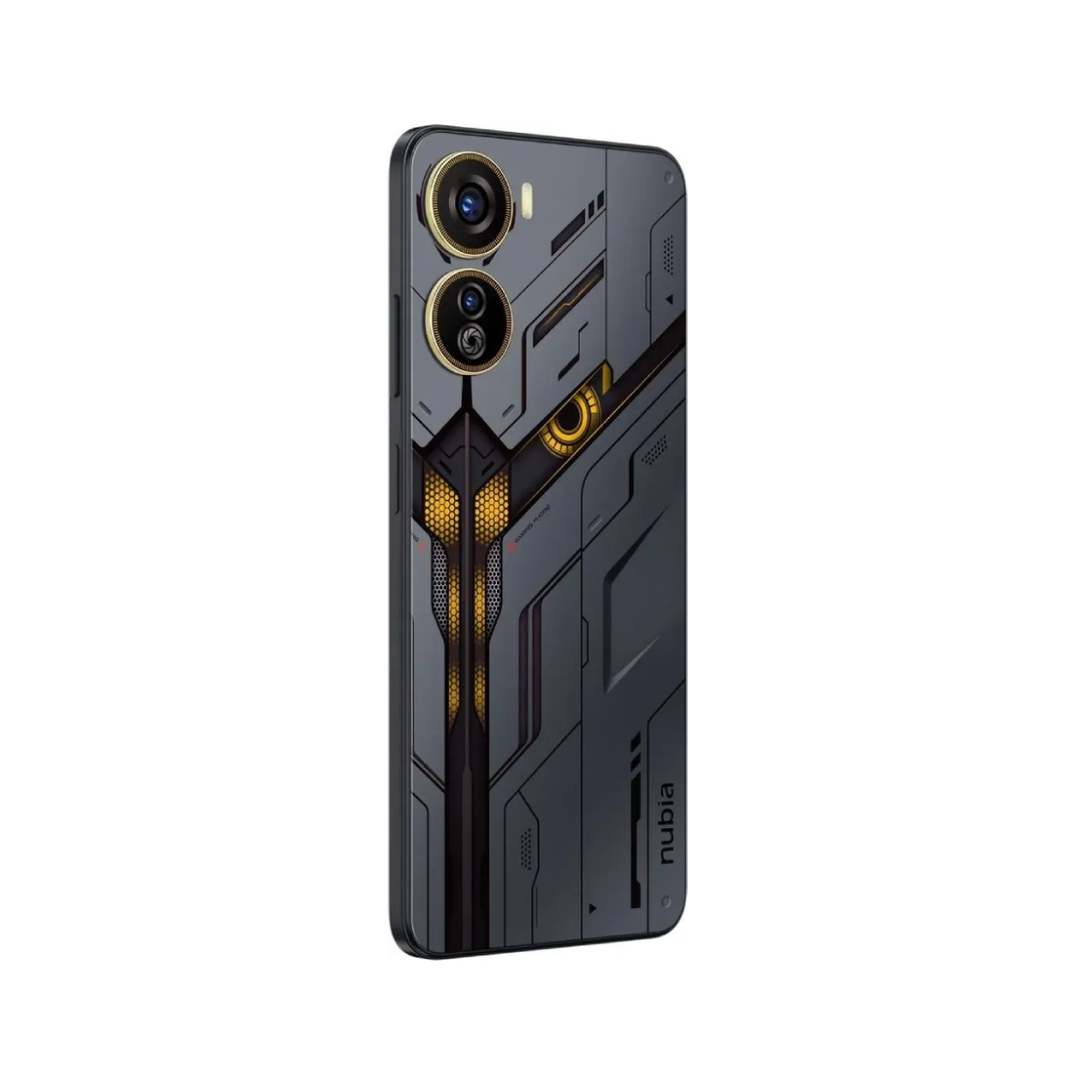 Retro del telefono nero. Presenta un design strutturato con lenti della fotocamera dorate.