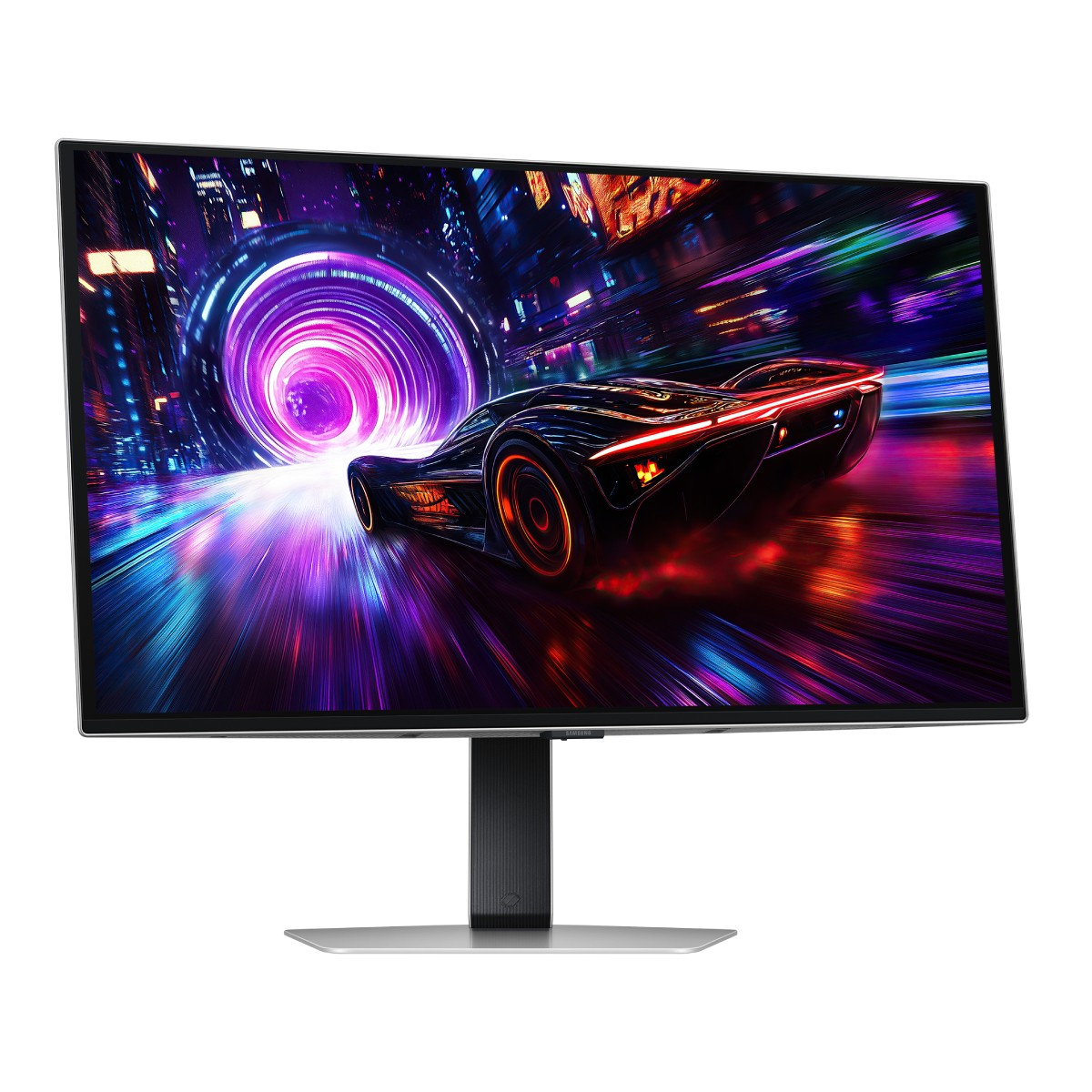 Monitor con una scena di corse automobilistiche. L'auto è nera, in corsa su una pista al neon.