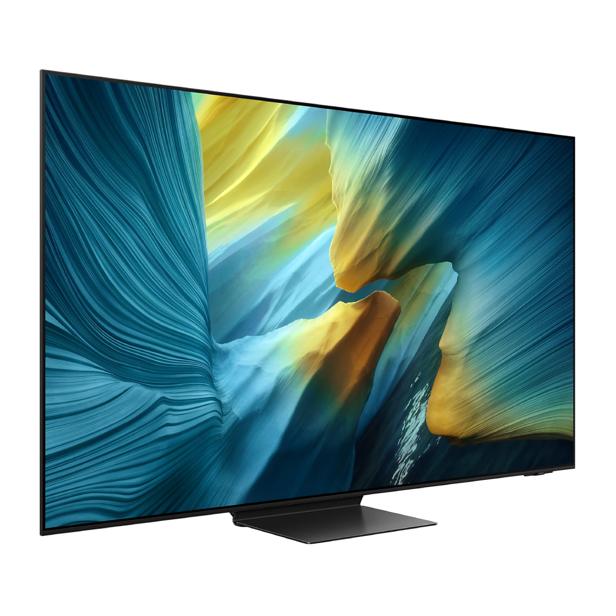 Un grande schermo TV moderno che mostra un'immagine astratta e colorata.