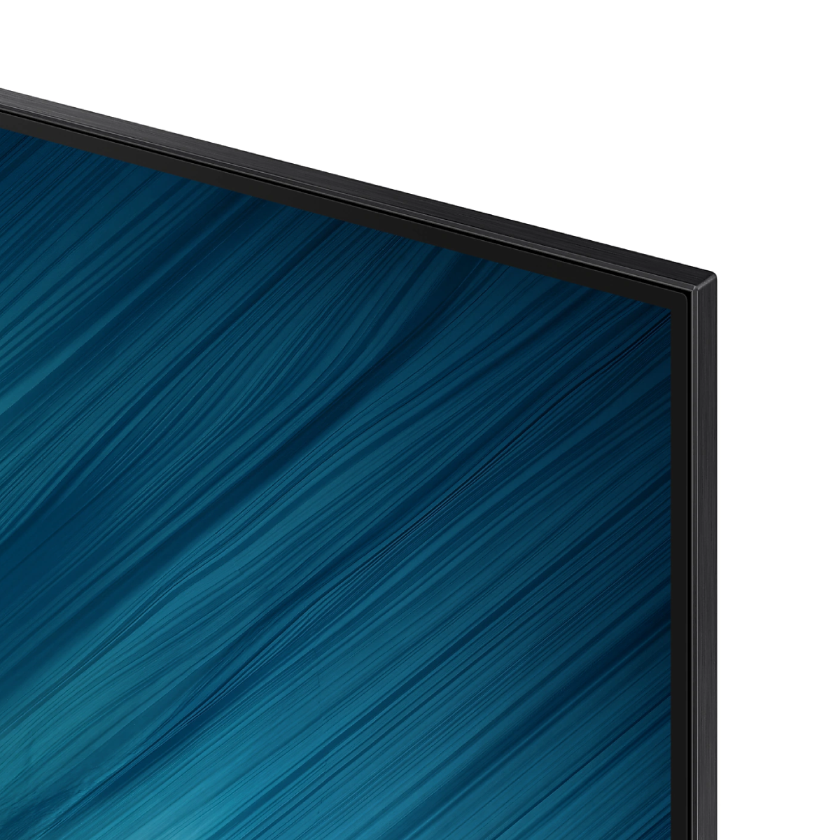 Primo piano di una TV nera con schermo blu.