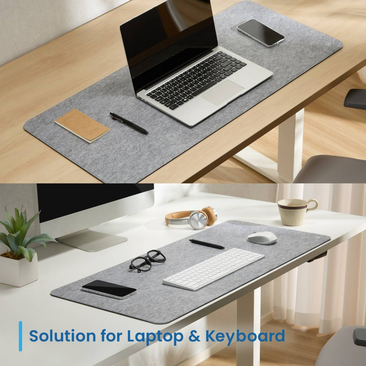 Dwa biurka z konfiguracjami biurowymi. Jedno z laptopem i notatnikiem. Drugie z monitorem i klawiaturą.