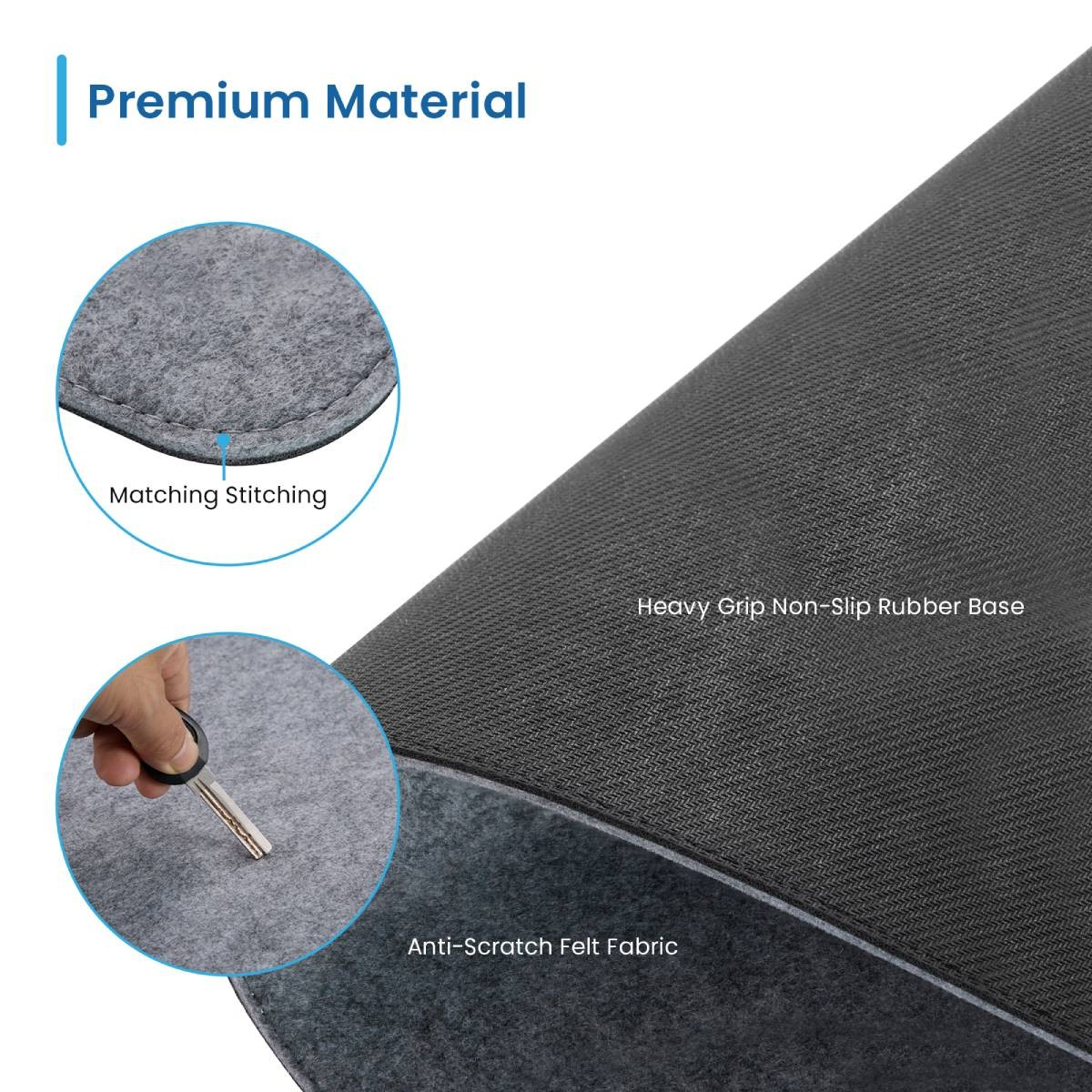 Zbliżenie materiału podkładki pod mysz, pokazujące szwy i antypoślizgową gumową podstawę.