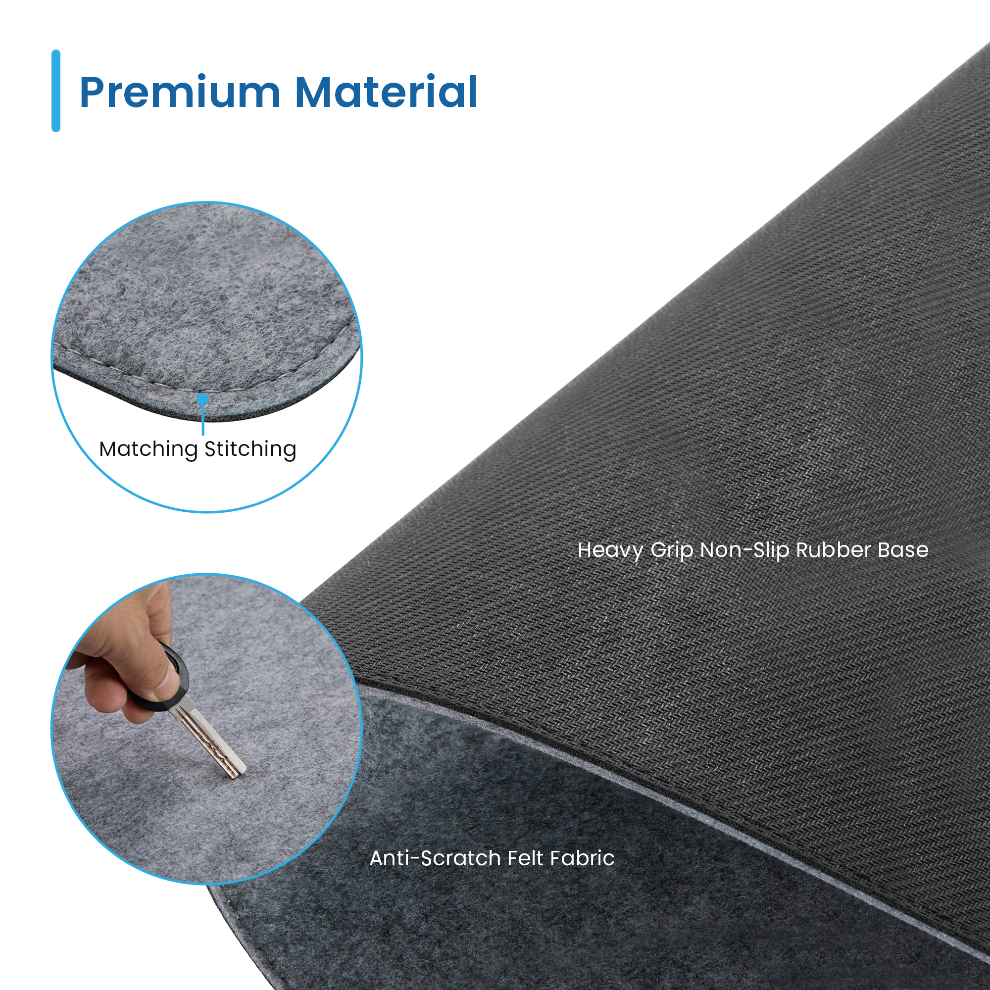 Zbliżenie materiału podkładki pod mysz ze szczegółami warstw, w tym gumowej podstawy i filcu.