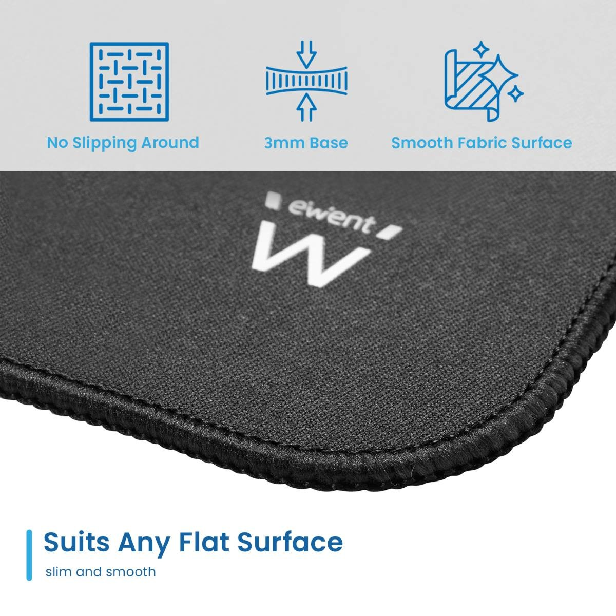 Czarna podkładka pod mysz z białym logo 'ewent' i ikonami na białym tle.